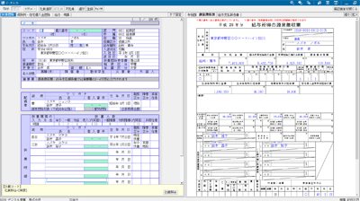 年末調整 データ入力(左側画面)・源泉徴収票確認(右側画面)