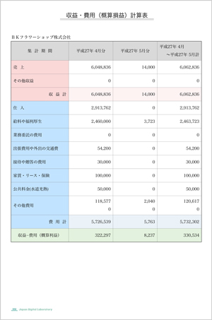 収益・費用（概算損益）計算表