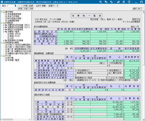 消費税一覧表の表示画面
